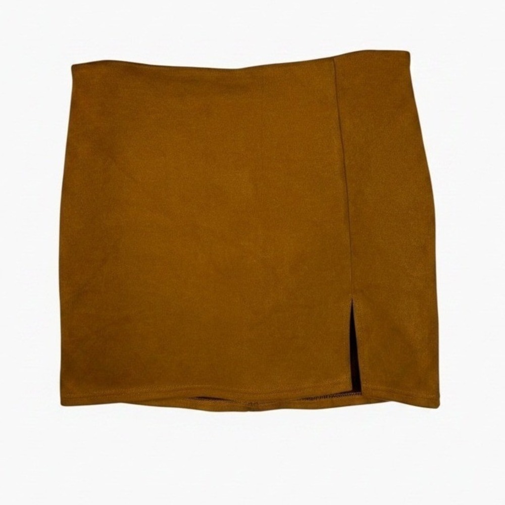 Better Be Womens L Caramel Faux Suede Mini Skirt Side Slit Stretch Y2K